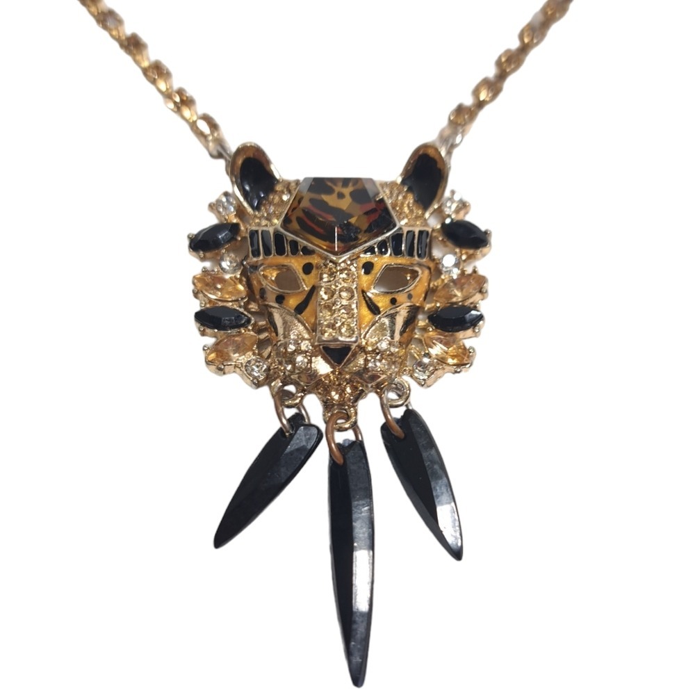 Betsey Johnson Rare Crystal Rhinestones Leopard Design Black,Gold Necklace 10.5